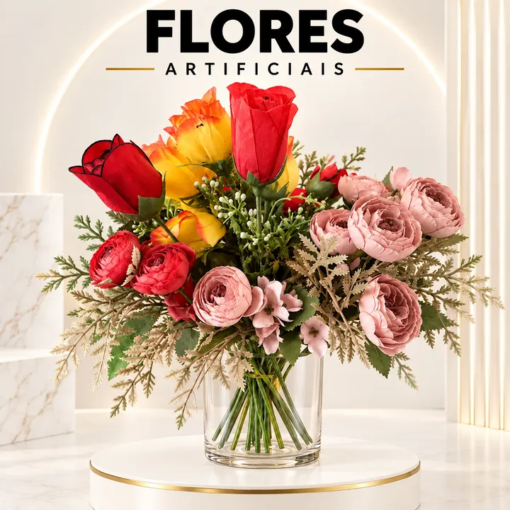 Flores artificiais em vaso de vidro